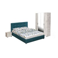 Set dormitor ECONO, 4 piese, pat 160x200 cm, dulap 4 usi, 2 noptiere, pin antichizat + turcoaz - 1