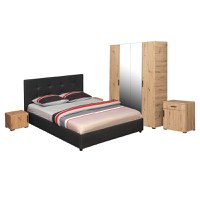 Set dormitor ECONO, 5 piese, pat 140x200 cm, dulap 4 usi, comoda, 2 noptiere, artisan + gri antracit - 1
