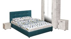 Set dormitor ECONO, 5 piese, pat 140x200 cm, dulap 4 usi, comoda, 2 noptiere, pin antichizat + turcoaz