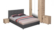 Set dormitor ECONO, 5 piese, pat 140x200 cm, dulap 4 usi, comoda, 2 noptiere, sherwood + gri