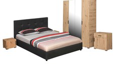 Set dormitor ECONO, 5 piese, pat 160x200 cm, dulap 4 usi, comoda, 2 noptiere, artisan + gri antracit