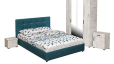 Set dormitor ECONO, 5 piese, pat 160x200 cm, dulap 4 usi, comoda, 2 noptiere, pin antichizat + turcoaz