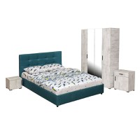 Set dormitor ECONO, 5 piese, pat 160x200 cm, dulap 4 usi, comoda, 2 noptiere, pin antichizat + turcoaz - 1