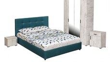 Set dormitor ECONO, 5 piese, pat 160x200 cm, dulap 4 usi, comoda, 2 noptiere, pin antichizat + turcoaz