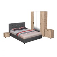 Set dormitor ECONO, 5 piese, pat 160x200 cm, dulap 4 usi, comoda, 2 noptiere, sherwood + gri - 1