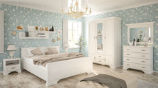 Set dormitor IRYS, 8 piese, pat 160x200 cm, dulap 5 usi, comoda, 2 noptiere, oglinda, 2 rafturi suspendate, pin anderson