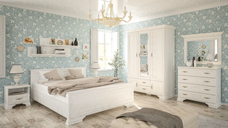 Set dormitor IRYS, 8 piese, pat 160x200 cm, dulap 5 usi, comoda, 2 noptiere, oglinda, 2 rafturi suspendate, pin anderson