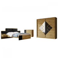 Set dormitor SNAKE, 3 piese, pat 160x200 cm cu noptiere, dulap usi glisante, comoda, artisan + negru - 1