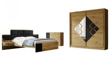 Set dormitor SNAKE, 3 piese, pat 160x200 cm cu noptiere, dulap usi glisante, comoda, artisan + negru