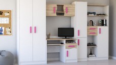 Set dormitor tineret MACIUS, 5 corpuri, PAL alb + sonoma, manere culoare roz, 300x52x197 cm
