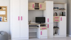 Set dormitor tineret MACIUS, 5 corpuri, PAL alb + sonoma, manere culoare roz, 300x52x197 cm