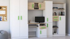 Set dormitor tineret MACIUS, 5 corpuri, PAL alb + sonoma, manere culoare verde, 300x52x197 cm