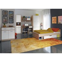 Set dormitor TIPS, 6 piese, pat 90x200 cm, dulap 4 usi, biblioteca, birou, comoda, raft, stejar sonoma + alb - 1