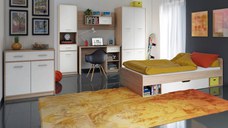 Set dormitor TIPS, 6 piese, pat 90x200 cm, dulap 4 usi, biblioteca, birou, comoda, raft, stejar sonoma + alb