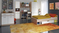 Set dormitor TIPS, 6 piese, pat 90x200 cm, dulap 4 usi, biblioteca, birou, comoda, raft, stejar sonoma + alb