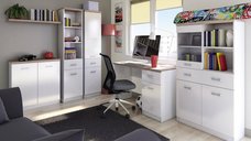 Set dormitor TOP MIX, 5 piese, birou, vitrina, 2 biblioteci, comoda, alb