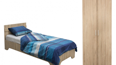 Set dulap ALMA 2 usi, 5 rafturi, sonoma, 80x52x203 cm si pat ALMA cu picioare, 90x200 cm, sonoma deschis