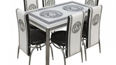 Set Lara, masa extensibila cu 6 scaune print, alb, 130 165x80x79 cm
