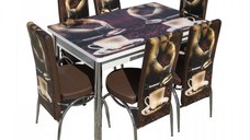 Set Lara, masa extensibila cu 6 scaune print, maro cafea, 130 165x80x79 cm