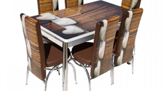 Set Lara, masa extensibila cu 6 scaune print, maro inimi, 130 165x80x79 cm