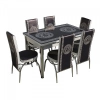 Set Lara, masa extensibila cu 6 scaune print, negru, 130 165x80x79 cm - 1