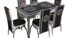 Set Lara, masa extensibila cu 6 scaune print, negru, 130 165x80x79 cm