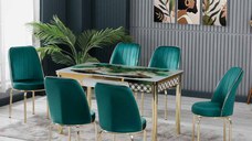 Set LION GOLD, masa extensibila cu 6 scaune, dreptunghiulara, alb print verde + auriu + verde, 130 170x80x75 cm