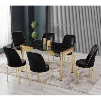 Set LION GOLD, masa extensibila cu 6 scaune, dreptunghiulara, marmura negru + auriu + negru, 130 170x80x75 cm - 1