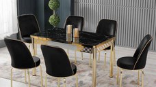 Set LION GOLD, masa extensibila cu 6 scaune, dreptunghiulara, marmura negru + auriu + negru, 130 170x80x75 cm