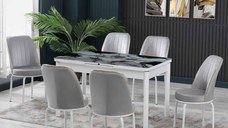 Set LION SILVER, masa extensibila cu 6 scaune, dreptunghiulara, marmura + alb + gri, 130 170x80x75 cm