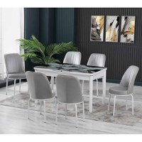 Set LION SILVER, masa extensibila cu 6 scaune, dreptunghiulara, marmura + alb + gri, 130 170x80x75 cm - 1