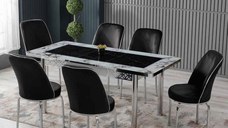 Set LION SILVER, masa extensibila cu 6 scaune, dreptunghiulara, marmura + argintiu + negru, 130 170x80x75 cm