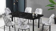 Set LION WOOD, masa extensibila cu 6 scaune, dreptunghiulara, marmura negru + alb, 130 170x80x75 cm