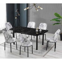 Set LION WOOD, masa extensibila cu 6 scaune, dreptunghiulara, marmura negru + alb, 130 170x80x75 cm - 1