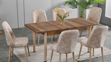 Set LION WOOD, masa extensibila cu 6 scaune, dreptunghiulara, maro + bej, 130 170x80x75 cm