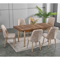 Set LION WOOD, masa extensibila cu 6 scaune, dreptunghiulara, maro + bej, 130 170x80x75 cm - 1