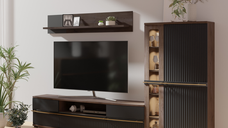 Set Living CANDY, 3 corpuri, cu lumini LED, vitrina C2a, comoda C4, etajera C6, grafit