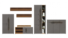 Set Living DAVOS Z.A.,6 corpuri, cu lumini LED si soft close, corp PAL nuc inchis, fronturi MDF gri si Comoda DAVOS D 12, 3 usi si 3 sertare