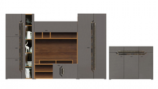 Set Living DAVOS Z.P., 4 corpuri, cu lumini LED si soft close, corp PAL nuc inchis, fronturi MDF gri si Comoda DAVOS D 12, 3 usi si 3 sertare