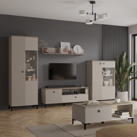 Set Living DOMINICA, 5 piese, 2 vitrine, comoda TV,  masuta de cafea, raft suspendat, taupe + stejar silverjack, 290x41x199 cm - 1