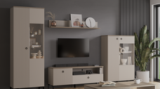 Set Living DOMINICA, 5 piese, 2 vitrine, comoda TV,  masuta de cafea, raft suspendat, taupe + stejar silverjack, 290x41x199 cm