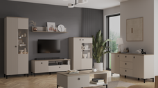 Set Living DOMINICA, 6 piese, 2 vitrine, comoda TV, comoda, masuta de cafea, raft suspendat, taupe + stejar silverjack, 440x41x199 cm