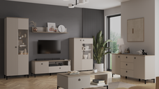 Set Living DOMINICA, 6 piese, 2 vitrine, comoda TV, comoda, masuta de cafea, raft suspendat, taupe + stejar silverjack, 440x41x199 cm