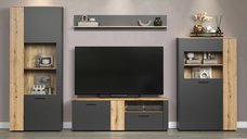 Set Living ESTEBAN, 4 piese, 2 vitrine, comoda TV, raft suspendat, grafit + stejar evok, 320x42x195 cm