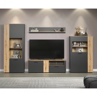 Set Living ESTEBAN, 4 piese, 2 vitrine, comoda TV, raft suspendat, grafit + stejar evok, 320x42x195 cm - 1