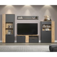 Set Living ESTEBAN, 4 piese, 2 vitrine, comoda TV, raft suspendat, grafit + stejar evok, 320x42x195 cm - 1
