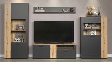 Set Living ESTEBAN, 4 piese, 2 vitrine, comoda TV, raft suspendat, grafit + stejar evok, 320x42x195 cm