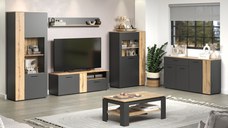 Set Living ESTEBAN, 6 piese, 2 vitrine, 2 comode, masuta, raft suspendat, grafit + stejar evok, 320x42x195 cm