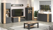 Set Living ESTEBAN, 6 piese, 2 vitrine, 2 comode, masuta, raft suspendat, grafit + stejar evok 320x42x195 cm