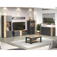 Set Living ESTEBAN, 6 piese, 2 vitrine, 2 comode, masuta, raft suspendat, grafit + stejar evok, 320x42x195 cm - 1
